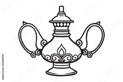 A black and white line art illustration of a vintage oil lamp with ornate metal detailing.eps photo