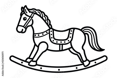 A black and white line art illustration of a vintage wooden rocking horse.eps