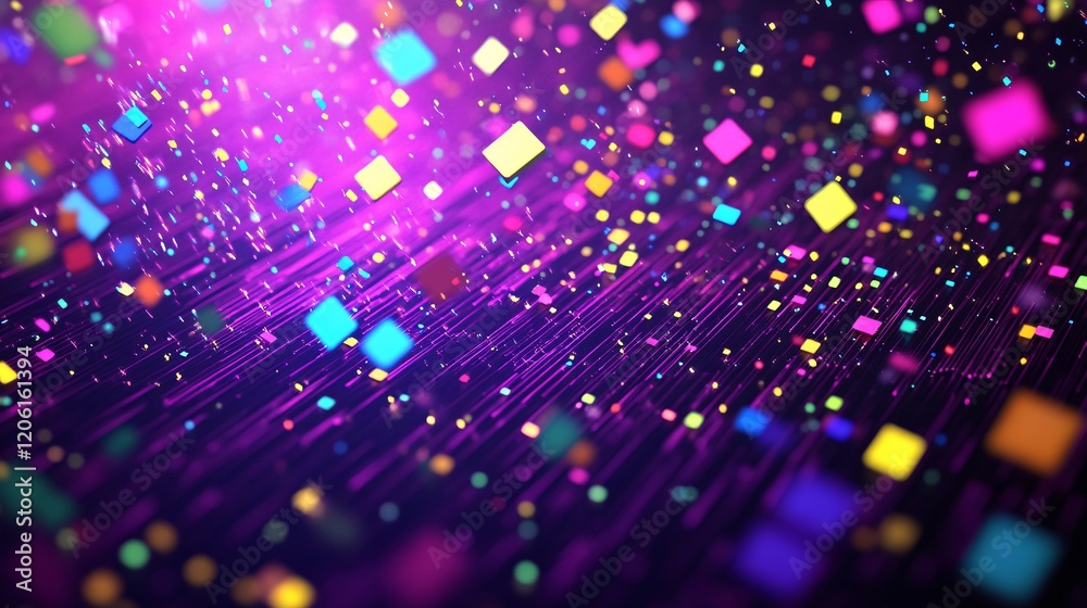 Digital Abstract with Pixelated Neon Squares and Galactic Background Digital Abstract with Pixelated Neon Squares and Galactic Background