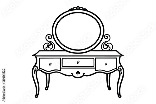 A black and white line art illustration of a vintage vanity table with an oval mirror and ornate carvings.eps