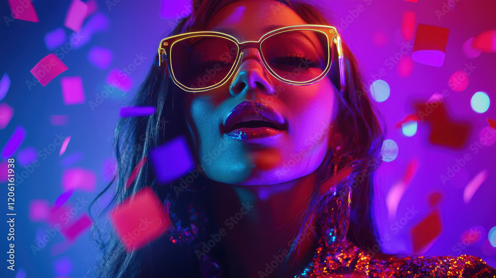 Vibrant Neon Confetti at a Festive Party with Purple, Red, and Blue Colors Vibrant Neon Confetti at a Festive Party with Purple, Red, and Blue Colors