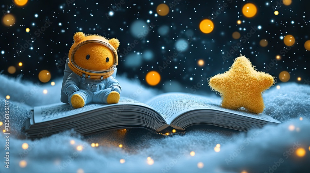 Fototapeta premium A whimsical scene featuring an astronaut figure on an open book, surrounded by stars and fluffy clouds.