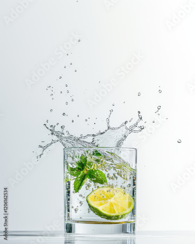Erfrischendes Glas Wasser mit spritzender Bewegung, Limettenscheibe und frischer Minze vor weißem, minimalistischem Hintergrund, Refreshing glass of water with splashing motion, lime slice, and fresh 