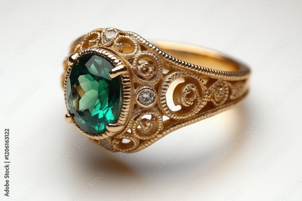 A luxurious gold ring featuring a green gemstone surrounded by sparkling diamonds A luxurious gold ring featuring a green gemstone surrounded by sparkling diamonds