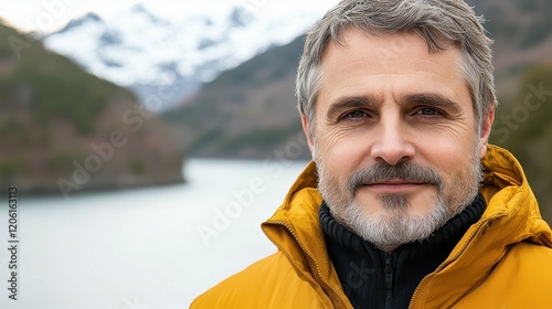 A man with a beard and a yellow jacket is standing in front of a lake. He looks happy and content