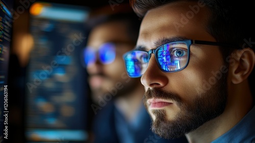 Two men wearing glasses are looking at a computer screen. One of them has a beard. Concept of focus and concentration as the two men work on a task together photo