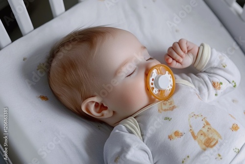 A baby lying in a crib, sucking on a pacifier photo