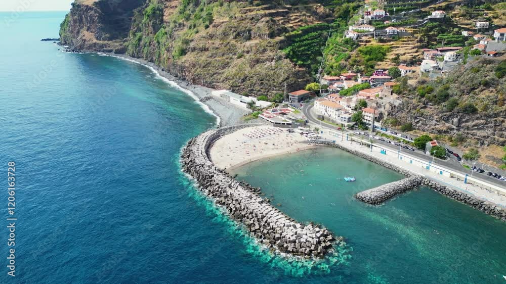 Blue ocean and beach, Madeira, aerial view Blue ocean and beach, Madeira, aerial view