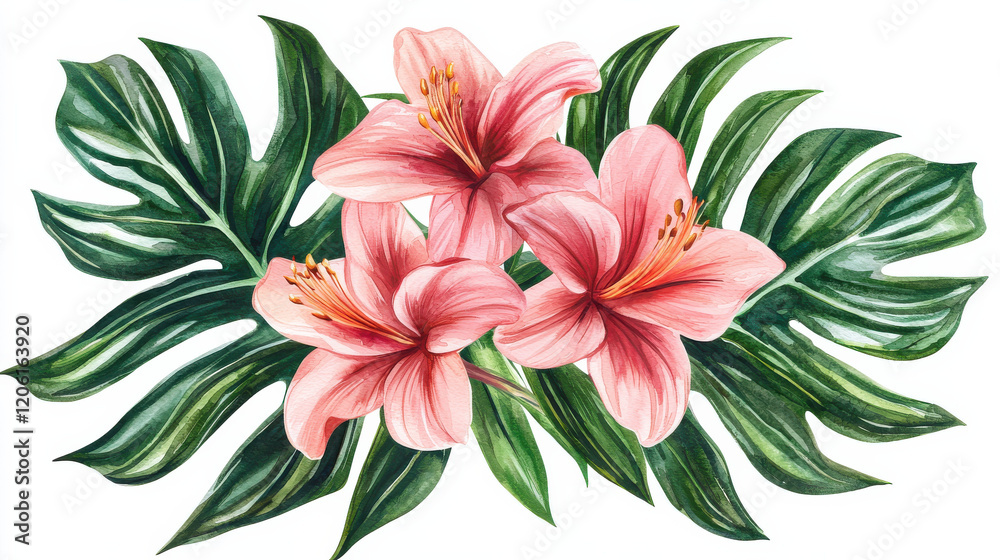 Fototapeta premium Lovely Bouquet of Watercolor Pink Flowers and Green Leaves for Weddings