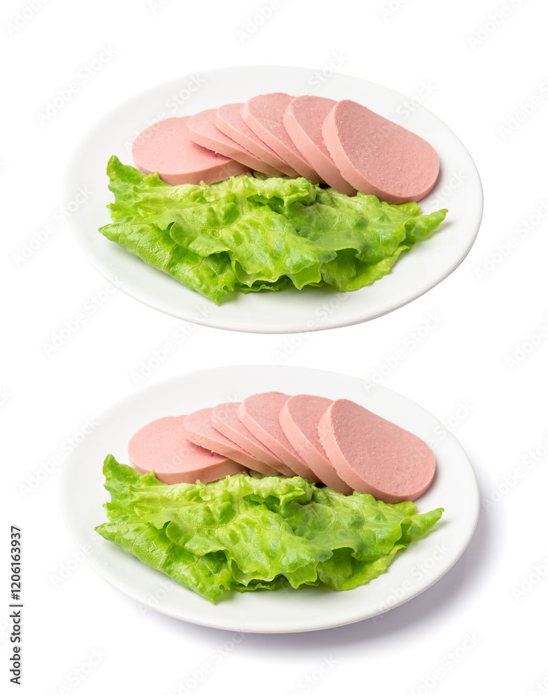Mortadella Slice Isolated, Luncheon Meat Cut, Chicken Ham, Boiled Sausage for Breakfast Mortadella Slice Isolated, Luncheon Meat Cut, Chicken Ham, Boiled Sausage for Breakfast