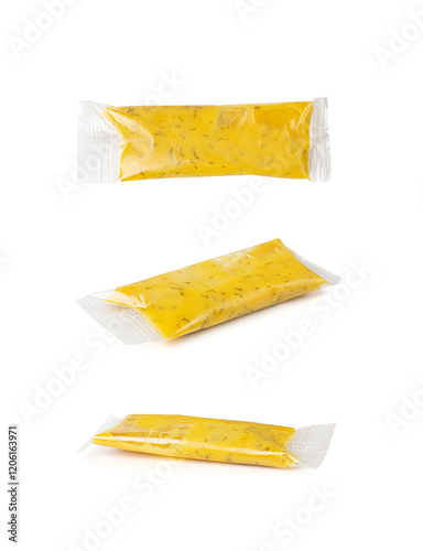 Mustard Sauce in Square Plastic Bag Isolated, One-Time Portion of Yellow BBQ Sauce, Mustard Transparent Sachet