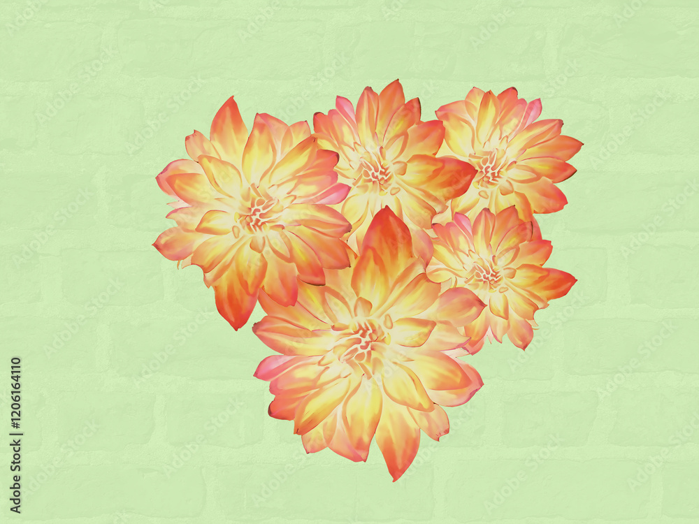 Blumen in Wasserfarben - Dahlien in rot gelb auf grünem Hintergrund zum Valentinstag oder zu Grüßen zum Geburtstag