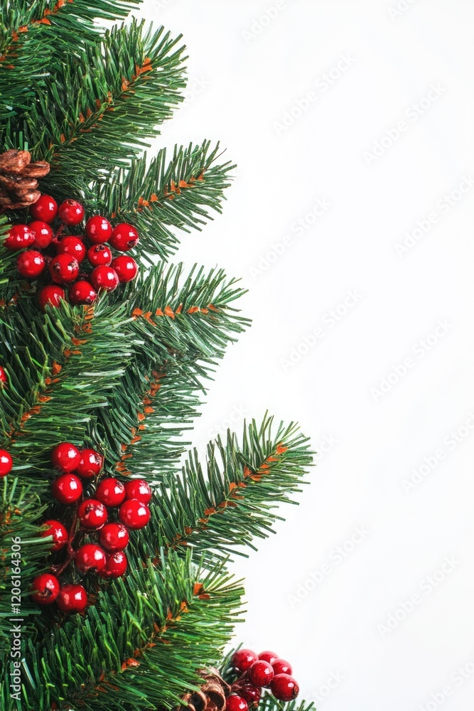 A festive Christmas tree decorated with red berries and pine cones A festive Christmas tree decorated with red berries and pine cones