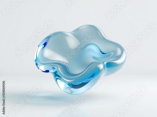 A 3D gel-like organic shape with a translucent finish, rendered in shades of pale blue and aqua, floating gracefully against a pure white surface