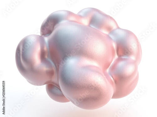 A 3D abstract blob-like figure resembling an amoeba, with pearlescent tones shifting between pink, blue, and white, hovering over a white background. photo