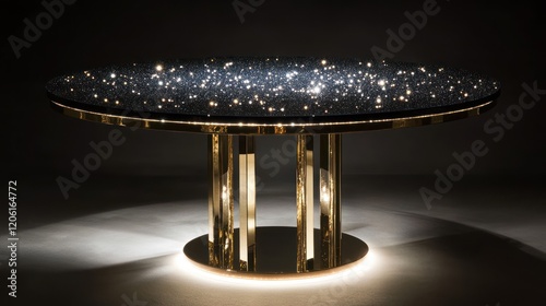 Round gold-base table with starry night glass top, studio shot, luxury decor photo