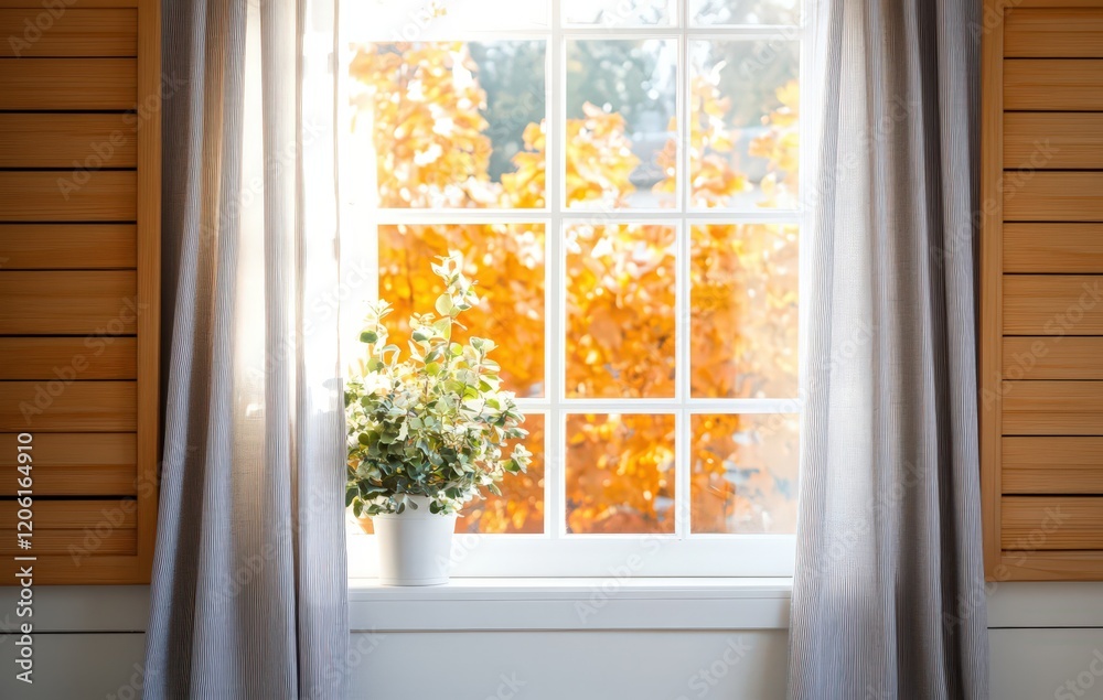 Fototapeta premium Vintage wood window featuring a charming striped curtain.