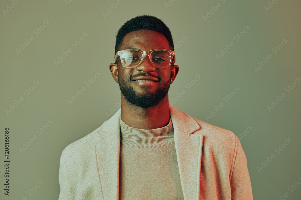 Fototapeta premium Confident young African man in stylish glasses and light blazer, smiling against a muted green background, showcasing modern fashion and self assurance
