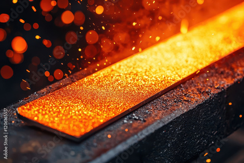 glowing steel sword blade is being forged, surrounded by sparks and heat