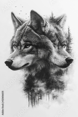 Majestic Wolves Emerging From Misty Forest Scene