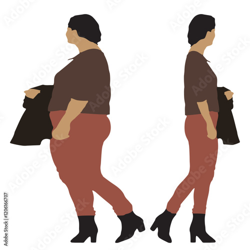 Conceptual fat overweight obese female vs slim fit healthy body after weight loss or diet on white background. A  fitness, nutrition or obesity, health shape illustration vector as silhouettes