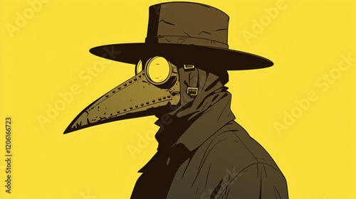 Plague doctor wearing protective mask and hat on yellow background