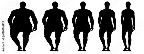 Conceptual fat overweight obese man vs slim fit healthy body after weight loss or diet, white background banner. A  fitness, nutrition or obesity, health care shape illustration vector as silhouettes