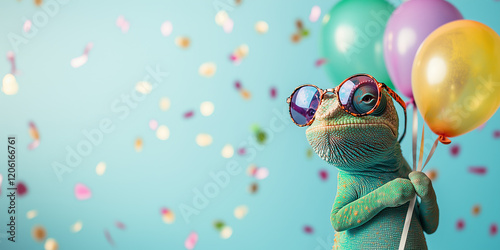 Funny chameleon wearing sunglasses holding happy birthday balloons and confetti explosion flying around greeting card on blue background with copy space.