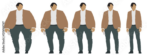 Conceptual fat overweight obese man vs slim fit healthy body after weight loss or diet, white background banner. A  fitness, nutrition or obesity, health care shape illustration vector as silhouettes