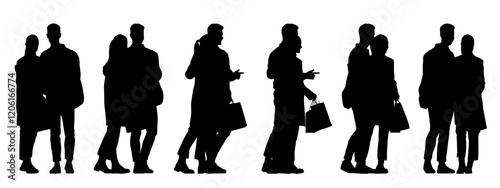 Vector concept conceptual black silhouette of a couple walking holding shopping bags from different perspectives isolated on white background. A metaphor for business, relationship and lifestyle