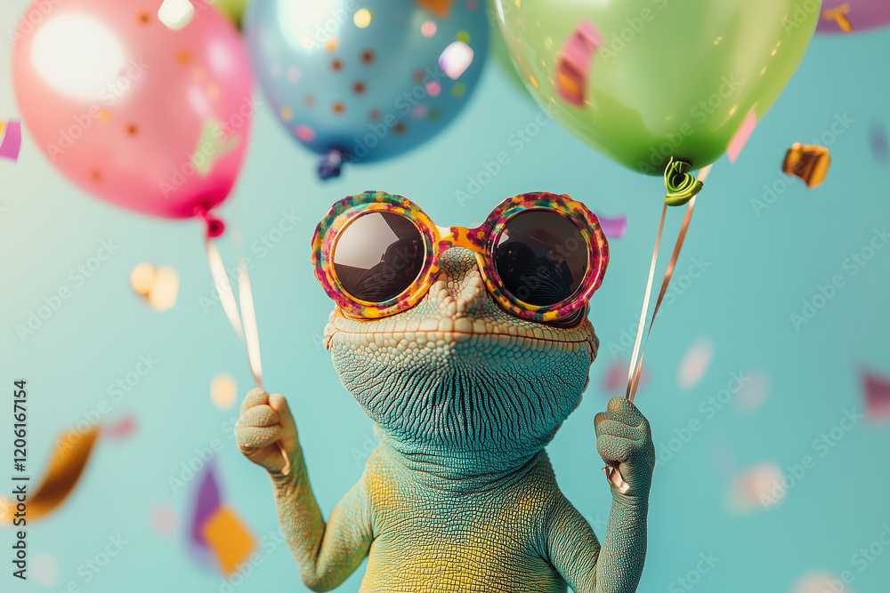 Funny chameleon wearing sunglasses holding happy birthday balloons and confetti explosion flying around greeting card on blue background with copy space.