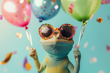 Funny chameleon wearing sunglasses holding happy birthday balloons and confetti explosion flying around greeting card on blue background with copy space.