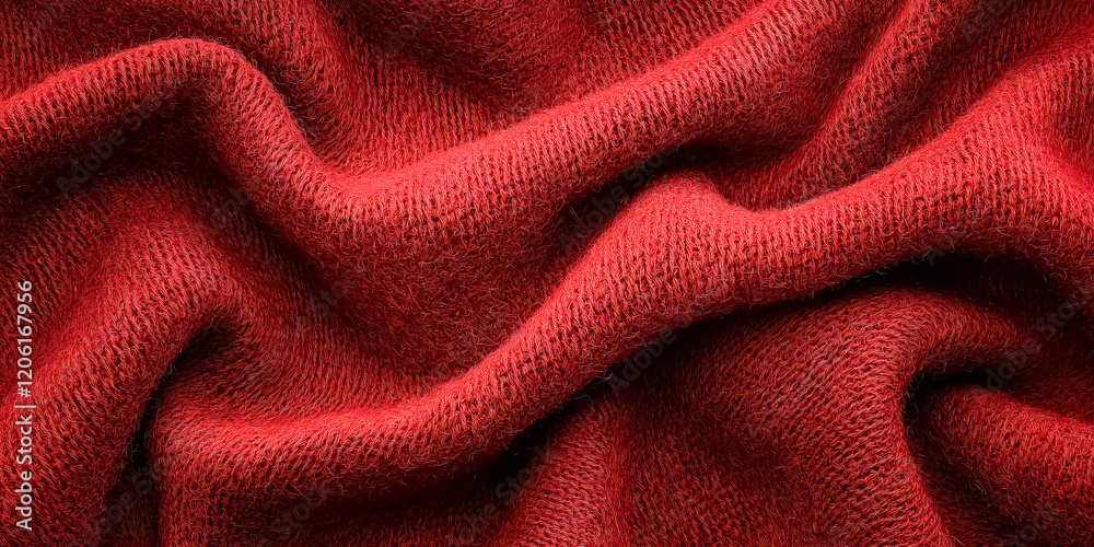 A soft red woven fabric with textured folds that creates a cozy and warm background. Passionate and romance concept. A soft red woven fabric with textured folds that creates a cozy and warm background. Passionate and romance concept.