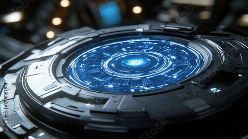 Futuristic Circular Device with Glowing Blue Lights and Intricate Details in a Blurred Technological Environment