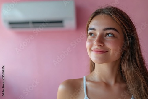 A person gazing up at an air conditioner, possibly seeking relief from heat photo