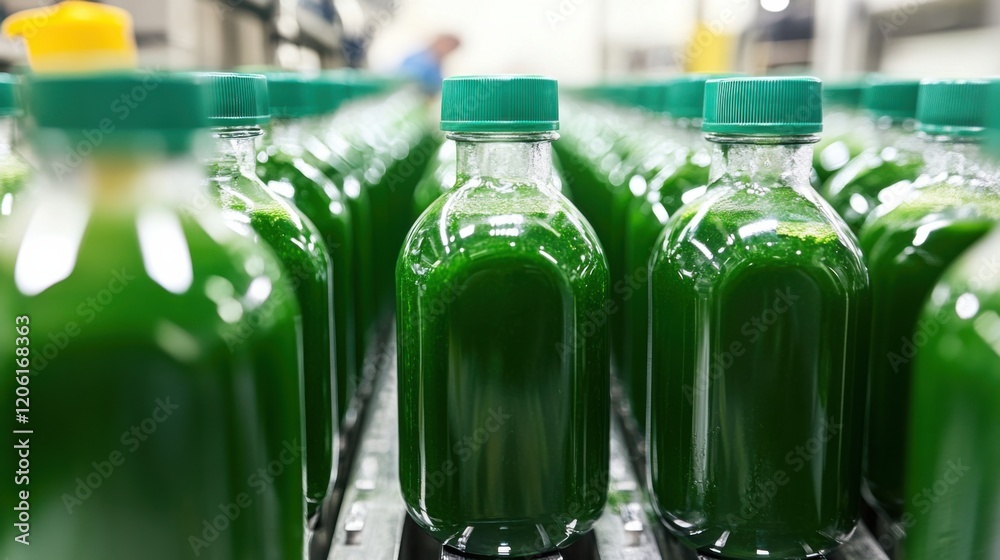 Bottles of vibrant green juice lined up in a production facility, showcasing a clean manufacturing process Bottles of vibrant green juice lined up in a production facility, showcasing a clean manufacturing process