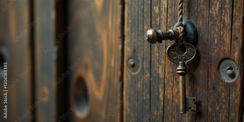 Fototapeta premium An antique skeleton key hangs from a rustic wooden door, a symbol of hidden secrets and forgotten stories