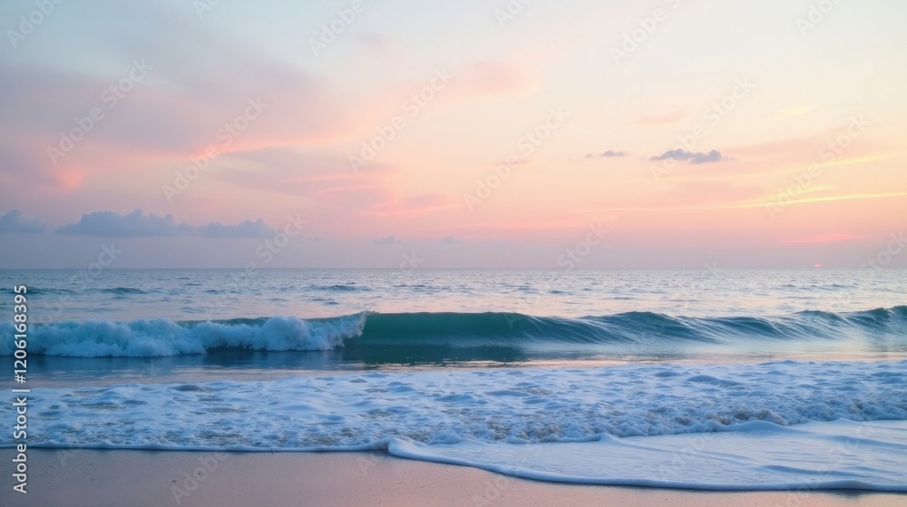 Obraz premium Serene ocean wave breaking gently on the shore at sunset, with a soft pink and pastel sky