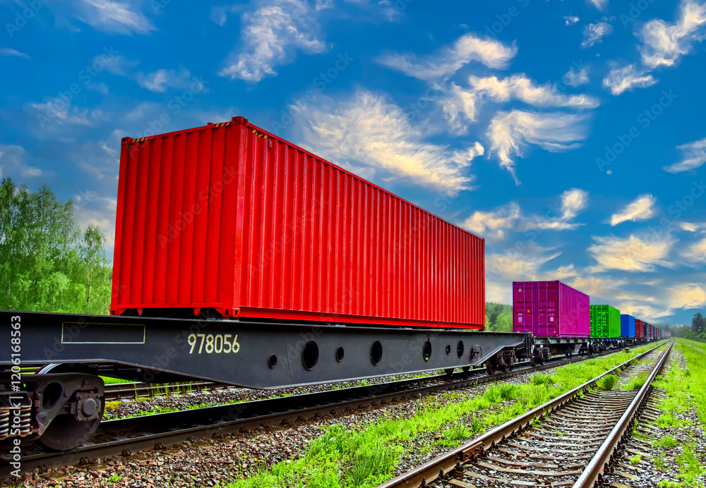 BELARUS, MINSK - MARCH 24, 2020: Cargo containers HAMBUR SUD transportation on freight train by railway. Intermodal Container On Train Car. Rail Freight Shipping Logistics Concept. BELARUS, MINSK - MARCH 24, 2020: Cargo containers HAMBUR SUD transportation on freight train by railway. Intermodal Container On Train Car. Rail Freight Shipping Logistics Concept.