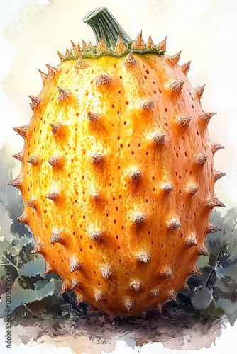 A spiky orange kiwano melon sits on the ground photo