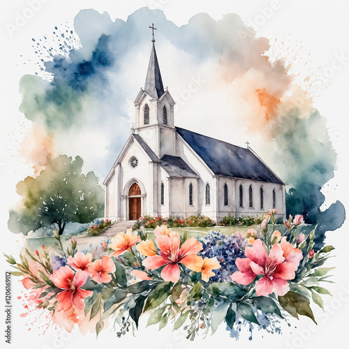 Watercolor illustration of a church decorated with spring flowers