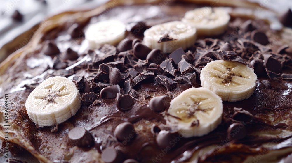 A delicious pancake topped with sliced bananas and melted chocolate chips