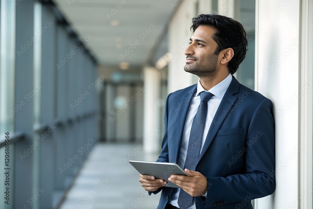 Confident Businessman Holding a Tablet in a Modern Office Environment Confident Businessman Holding a Tablet in a Modern Office Environment