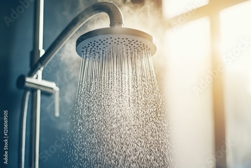 Relaxing hot water shower with steam and soft lighting in a dark environment