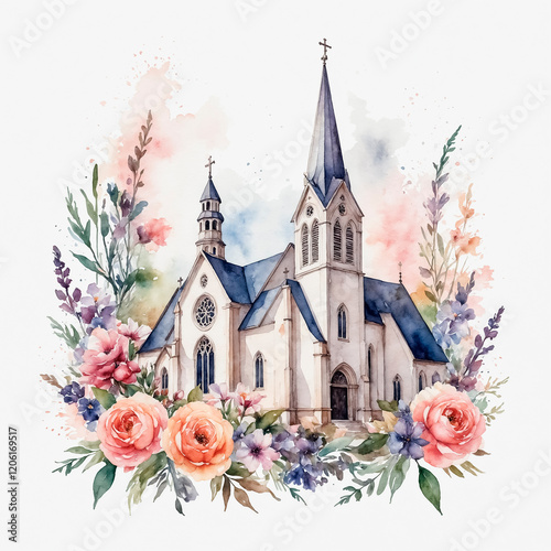 Watercolor illustration of a church decorated with spring flowers