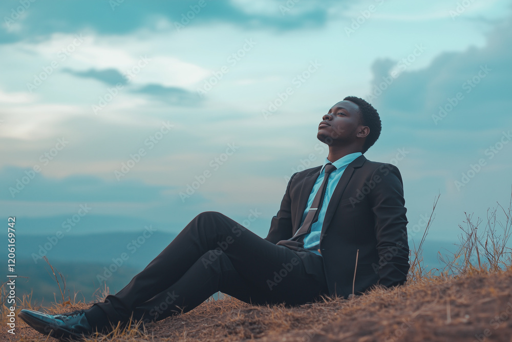 a business man sitting on hill a business man sitting on hill