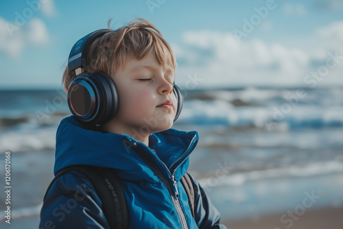 kid listen to music at beach     