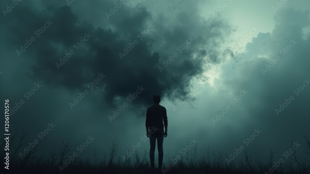 An abstract representation of stress as dark, heavy clouds swirling around a person, their silhouette barely visible beneath the oppressive weight of anxiety and worry. An abstract representation of stress as dark, heavy clouds swirling around a person, their silhouette barely visible beneath the oppressive weight of anxiety and worry.