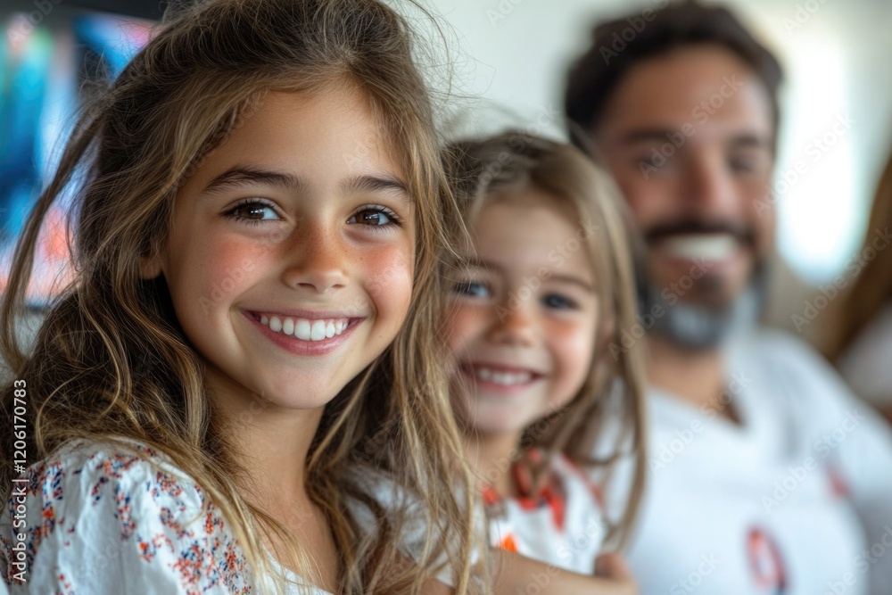 A happy family moment with a father and his two young daughters smiling for the camera A happy family moment with a father and his two young daughters smiling for the camera