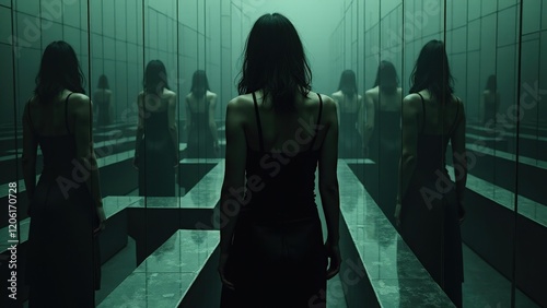 Wallpaper Mural A surreal depiction of a person trapped in a maze made of mirrors, each mirror reflecting distorted emotions, dark lighting, high contrast, creating an eerie, emotional atmosphere. Torontodigital.ca